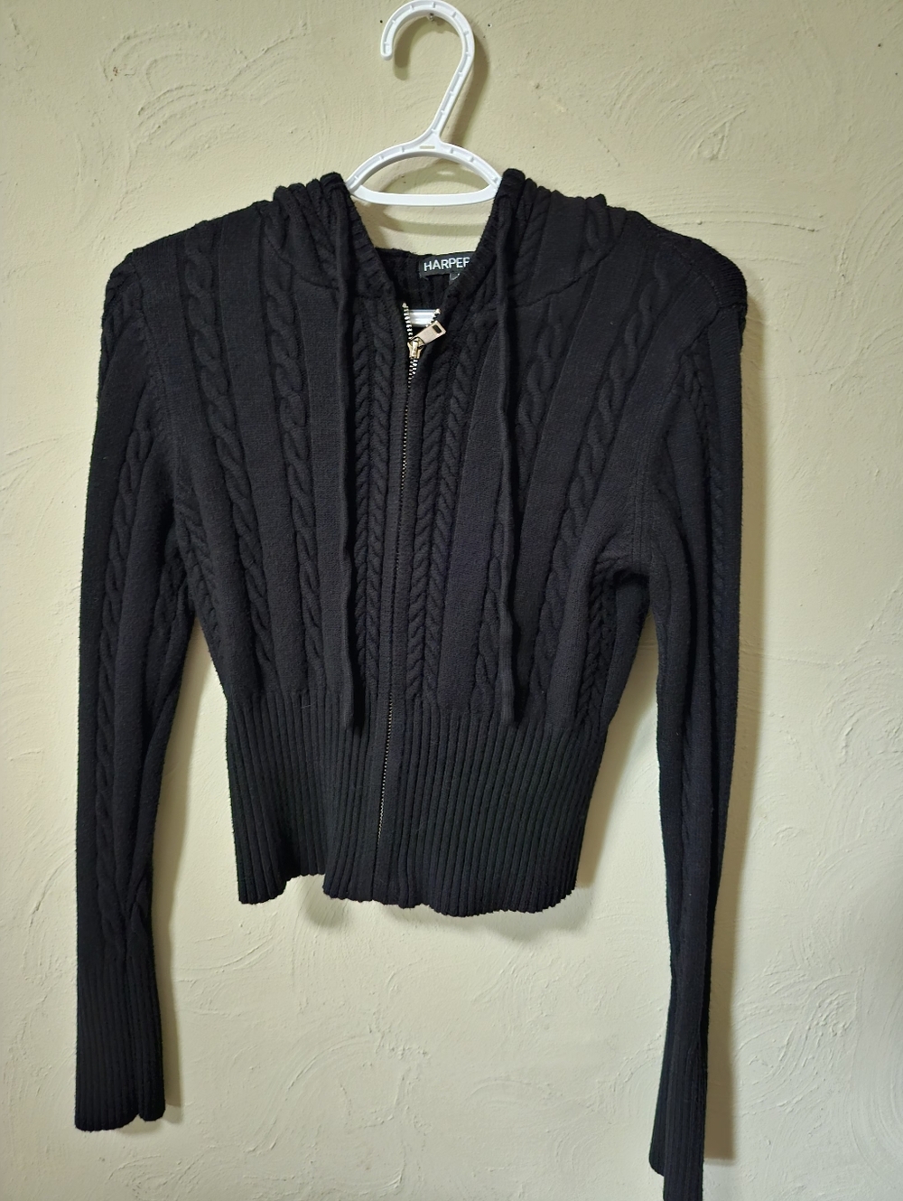 Harper & Ivy Black Cable-Knit  Zip Crop Hoodie Cardigan